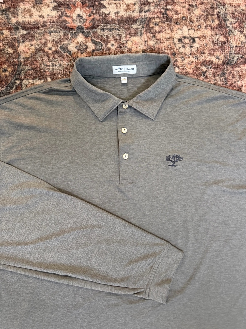 Peter Millar Summer Comfort Men's Gray Solid Long Sleeve Logo Polo Shirt 2XL